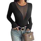Sulozom Women Long Sleeve Sexy Mesh Deep V Neck Tight Fitted Shirts 2025 Fashion Y2K Shirts Cute Going Out Basic Tees Tops