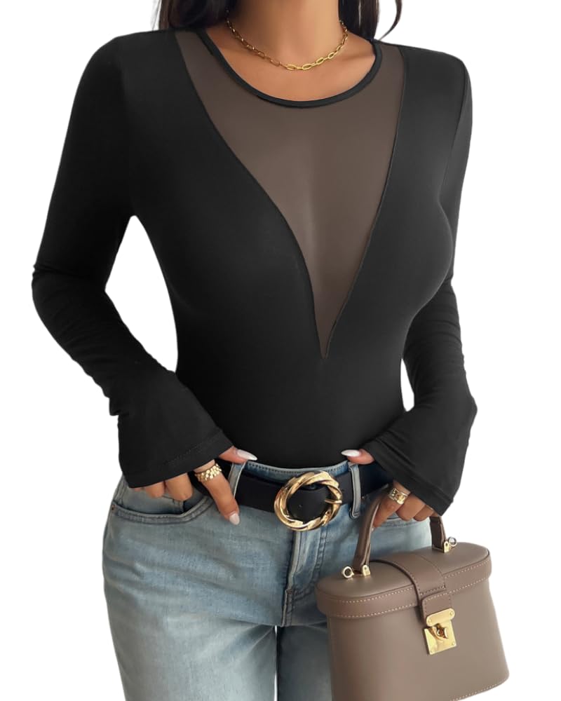 Photo 1 of Black Tops for Women Going Out Sexy Mesh Deep V Neck Top Slim Fit Long Sleeve Undershirts for Women Fall Spring Tops Black S