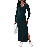 Women's Casual Long Sleeve Collar V Neck Maxi Sweater Dress Sexy Slit Thigh Ribbed Knit Bodycon Pencil Dresses