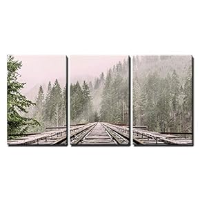 3 Piece Canvas Wall Art - Railway Through The Pine Forest with Mist - Modern Home Art Stretched and Framed Ready to Hang - 16"x24"x3 Panels