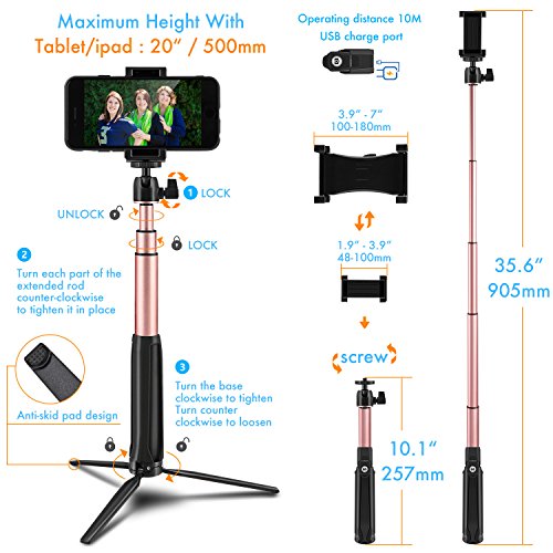image for PERLESMITH Selfie Stick with Bluetooth Remote and Tripod Stand - Exten