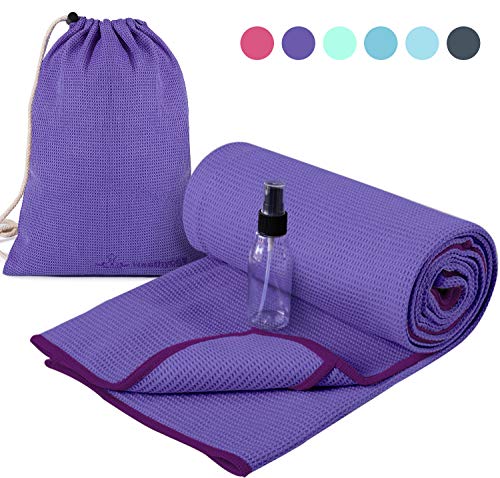 Heathyoga Non Slip Yoga Towel, Exclusive Corner Pockets Design, Microfiber and Silicone Coating Layer, Free Carry Bag and Spray Bottle, Perfect for Hot Yoga, Bikram and Pilates