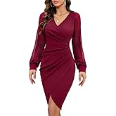ihot Women's 2026 Sexy V Neck Mesh Long Sleeve Faux Wrap Ruched Sheath Bodycon Party Cocktail Work Dress