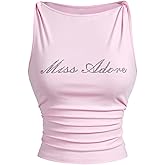 WDIRARA Women's Rhinestone Letter Twist Shoulder Tank Top Y2k Ruched Boat Neck Sleeveless Tops