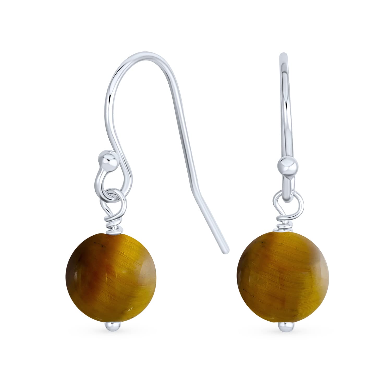 Simple Plain Basic Plain Round Brown Tiger Eye Bead Drop Ball Dangle French Fish Hook Wire Earrings For Women.925 Sterling Silver