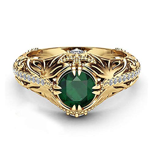 Sdouefos Vintage Gold CZ Ring 14k Gold Plated Engagement Ring Emerald Cut Created Green Emerald Diamond Wedding Ring Band for Women (Q)