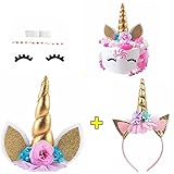 Unicorn Cake Topper with Eyelashes and Unicorn Headband Unicorn Party Supplies for Birthday Party, Baby Shower and Wedding Party(Gold)