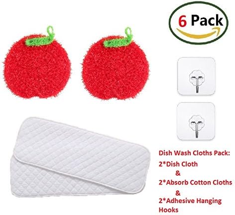 Dish Washing Cloths Pack (6 Mix Set), No Odor Dish Cloths with Water-Absorbing Cotton Dish Cloths and Adhesive Hanging Hooks, Great Stocking Stuffs for Women Mom Grandma