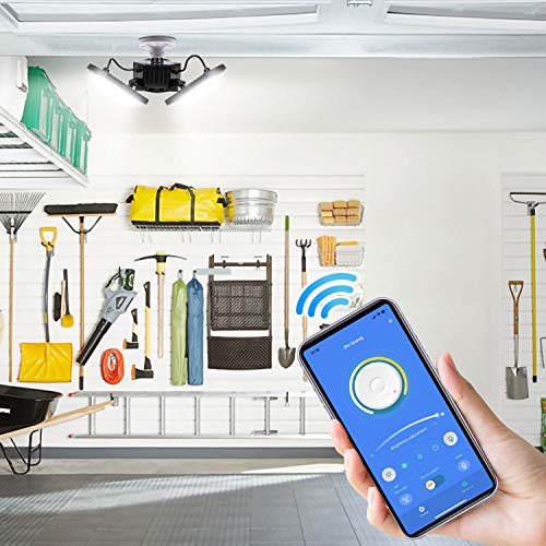 APP & Remote-Control-Garage-Light-E26, Brightness & Light Colors Adjustable, Time Control Deformable Garage Lights Ceiling LED 60W 6000lm for Storage, Basement, Workshop, Barn