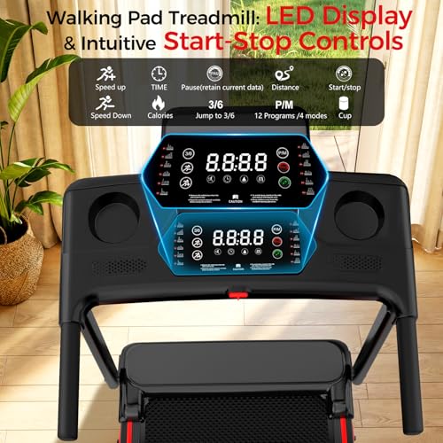 Walking Pad Treadmill with 12% Incline & Handrail, 3.0 HP Brushless Motor, 330 lb Capacity, 0.6-6.2 MPH, Compact Under-Desk Foldable Treadmill with LED Display and Cup Holders for Home Office