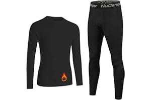 NuCamper Boys Thermal Underwear Set Youth Fleece Lined Long Johns, Kids Fleece Base Layer, Winter Compression Shirts Leggings