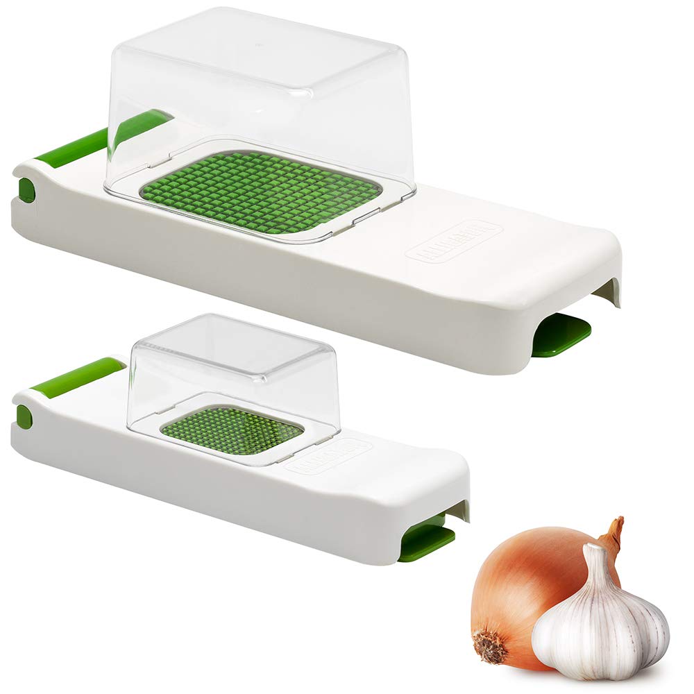 ALLIGATOR 3007 - Set of 2 Multifunctional Slicers with Collection Boxes - Mini & Original - Vegetable and Onion Cutter - 3 x 3 & 6 x 6 mm Blades - BPA-Free - White and Green
