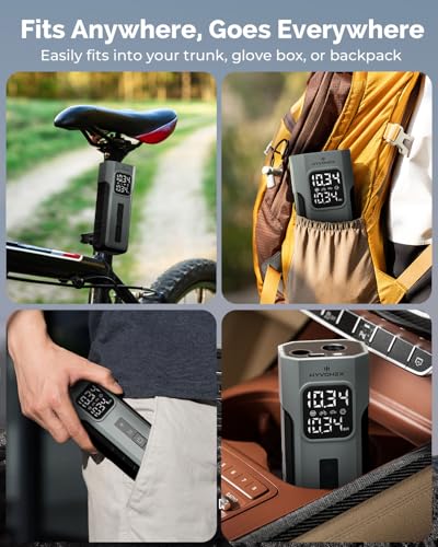 HYVOHEX Car Tyre Inflator Air Compressor,1 Min Fast Inflation Cordless Bike Pump with Digital Pressure Gauge,10.34 Bar Portable Air Pump with LED Light for Car Tyres, Motorcycle,Bicycle,Ball