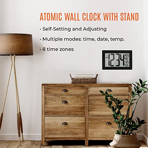 MARATHON Atomic Wall Clock with Stand, Black Frame/Black Stainless