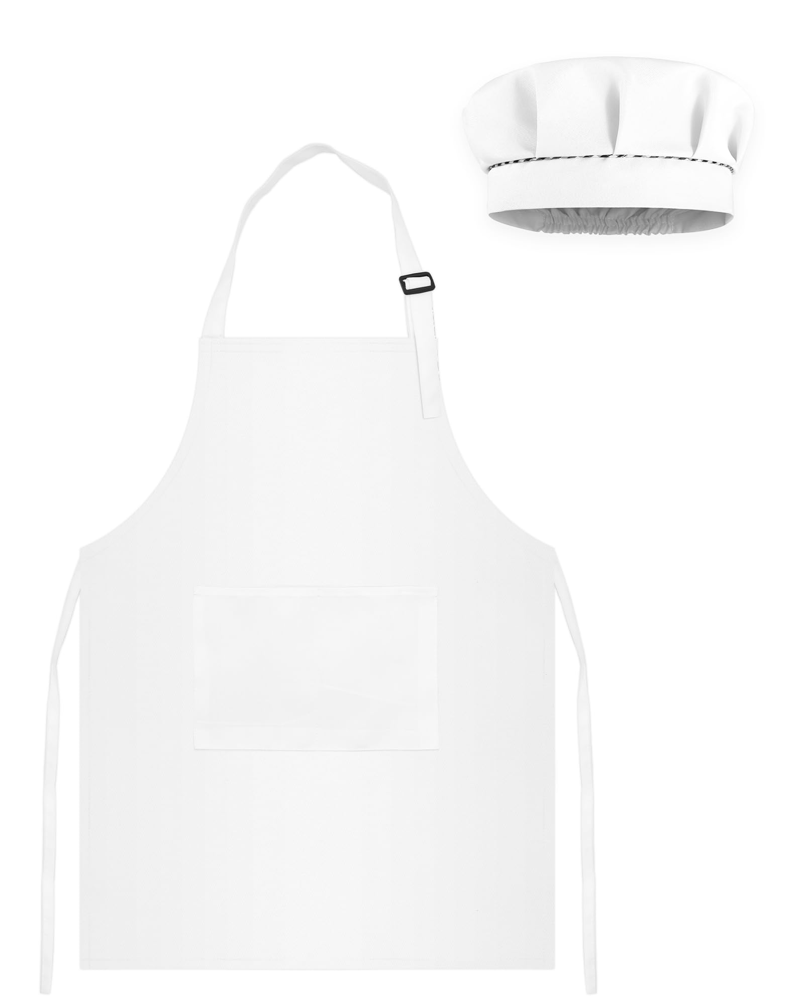 TOPWAYS Kids Apron and Chef Hat Set White, Adjustable Children Chef Apron Outfit Costume, Kitchen Apron for Baking Cooking, Toddle Artist Painting Dress with Two Pockets for Kids 3 4 5 6 years M — image 1