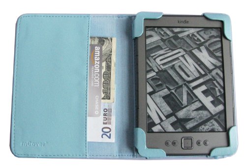 mCover Leather Folio Cover Case with built-in inner pocket for Amazon Kindle 4th Generation (Built-in Wi-Fi, 6" E Ink Display, 5-way controller) - AQUA