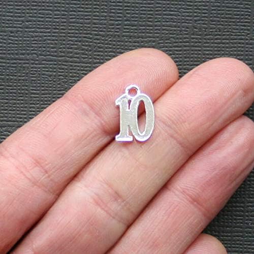 6 Number 10 Charms Silver Plated Number Ten Jewelry Making Supply Pendant Bracelet DIY Crafting by Wholesale Charms