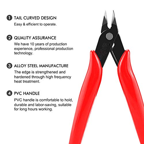 BOENFU 170 Wire Cutters, Precision Flush Cutter 5 Inch Micro Diagonal Cutting Pliers for Electronics and Jewelry Making - Red, 2 Pack