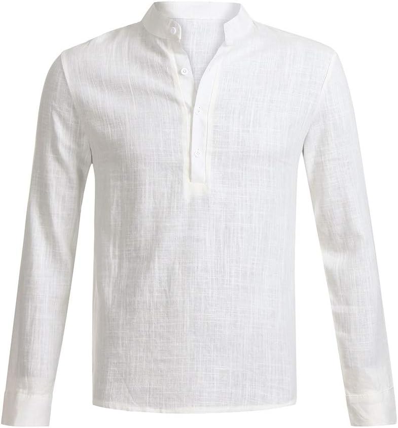 ZEFOTIM Men Linen Long Sleeve V Neck Button Up Shirts Male Casual Business Fit Blouse