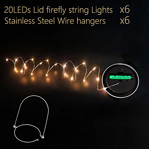 Solar Mason Jar Lid Lights, 6 Pack 20 Led String Fairy Star Firefly Jar Lids Lights,6 Hangers included(Jars Not Included), Best for Mason Jar Decor,Patio Garden Decor Solar Laterns Table Light