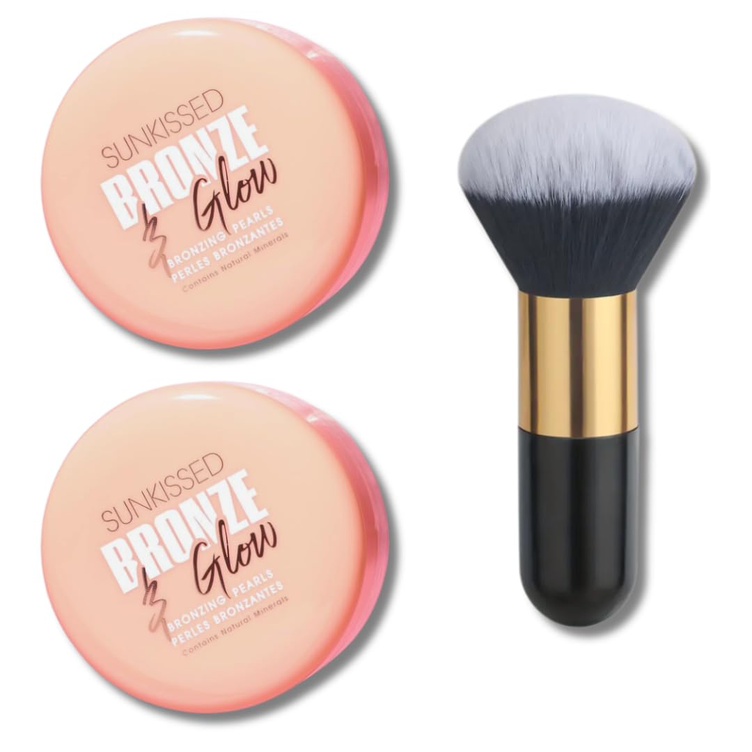 Sunkissed Bronze & Glow Makeup - Includes 2 x 45g Tubs of Sunkissed Bronze & Glow Bronzing Pearls and 1 Soft Bronzing Brush - Bronzer - Vegan-Friendly Makeup Bundle by Kevagh