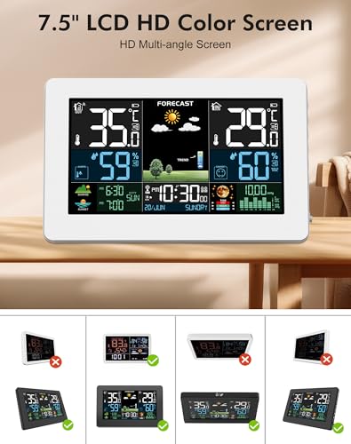 Indoor and Outdoor Weather Station with Color Display, Weather Forecast, Temperature, Humidity, LCD Alarm Clock with Repeat Function and Air Pressure