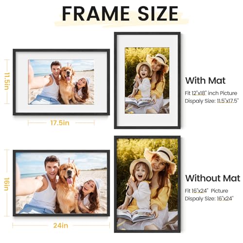 16X24 Oak Wood Picture Frame Black Poster Frame for 12x18 Picture with Mat or 16x24 without Mat Natural Solid Wooden Picture Frames for Wall Art Photo and Prints