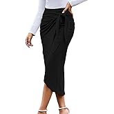 UEOIOW Women Ruched Pencil Skirt High Waist Wrap Tie Front Asymmetrical Long Maxi Skirts Bodycon with Slit