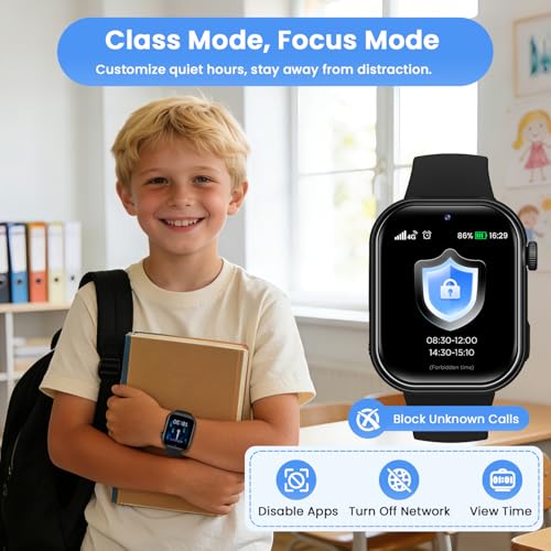4G Montre Connectée Enfant, Montre Telephone Enfant avec GPS, Double Caméra, Appel Vidéo, Chat Vocal, SOS, Mode Classe, Lampe Torche, IP68, Podomètre, Cadeau pour Garçons Filles, Noir, Garantie 3 Ans