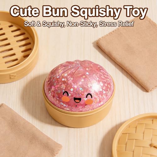 Simulation Glitter Dumpling Fidget Toy, Soft Squeeze Squishy Toy with Steamer Box, Anti Anxiety Sensory Toys, Cute Home Table Decor, Novelty Birthday Daily Gifts for All Ages