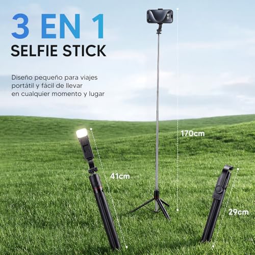170cm Trípode Bluetooth con Luz de Relleno, Palito Selfie Plegable y Portátil para Viaje, Soporte Extensible para Transmisión en Vivo, Videollamadas y Fotos, Compatible con Todos los Teléfonos Móviles