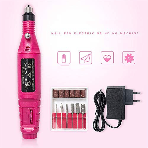 Electric Nail File, Portable Electric Pen 6 in 1 Nail Drill Bits Kit for Acrylic Gels Low Noise Low Heat Low Vibration Speed Adjustable and Reverse Capability Stylish Easy to Operate and Carry,Pink