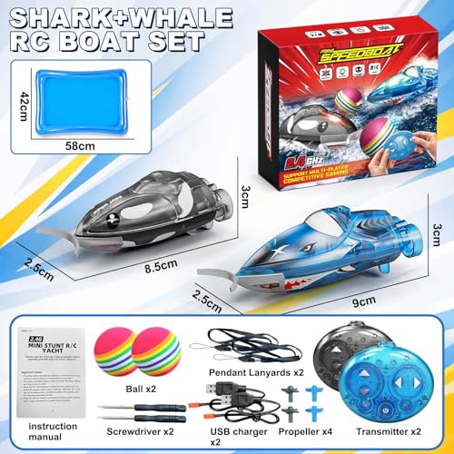 Set of 2 RC Mini RC Boat with Flashing Lights, Game with Foam Ball, 360° Rotation & 2 Speeds, Inflatable Pool Included, Water Toy Gift Boy Girl