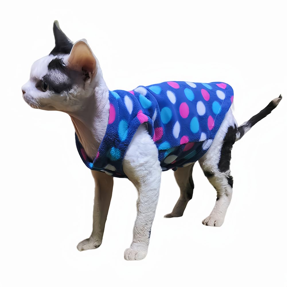 Sphynx Cats Clothes Double-Layer Fleece Vest,Cute Polka Dot Print Winter Thick Sleeveless Waistcoat Apparel for Hairless Cats, Cornish Rex, Devon Rex, Peterbald (Navy blue, XXL)