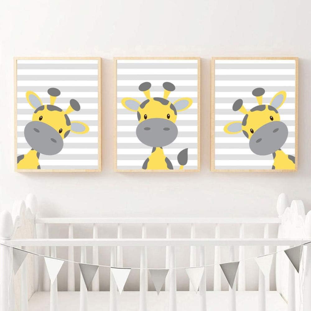 Nobrand Bebe Girafe Pepiniere Art Nordique Affiche Dessin Anime Enfants Jaune Et Gris Peinture Murale Animal Toile Peinture Enfants Chambre Decor 50 Cm X 75 Cm X 3 Pcs Sans Cadre Ameublement Et