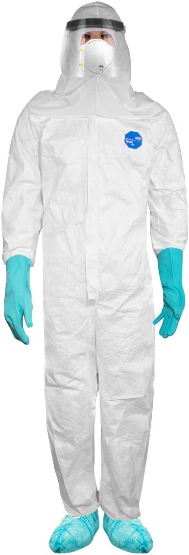 Biohazard Personal Protective Equipment Kit - Tyvek Disposable Coveralls with Hood, N95 Mask, Gloves, Face Shield- L (Large)