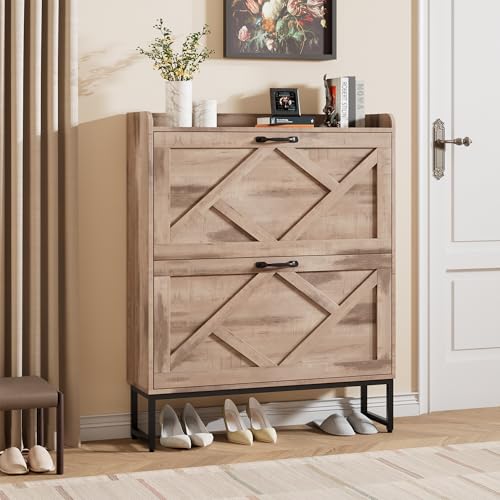 Nicetree Shoe Cabinet with 2 Flip Drawers, Narrow Shoe Storage Cabinet with Metal Legs, Farmhouse Slim Shoe Organizer Cabinet for Entryway, Hallway, Foyer, Toasted Oak