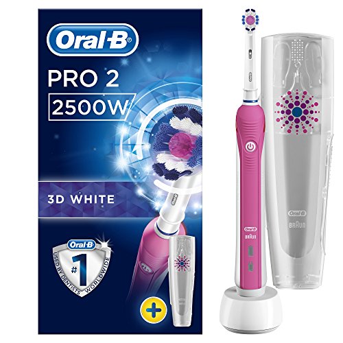 Oral-B Pro 2 2500 3D White Electric Toothbrush Rechargeable Powered By Braun, 1 Pink Handle, 2 Modes Including Gum Care, 1 Toothbrush Head, 1 Travel Case, With A 2 Pin UK Plug
