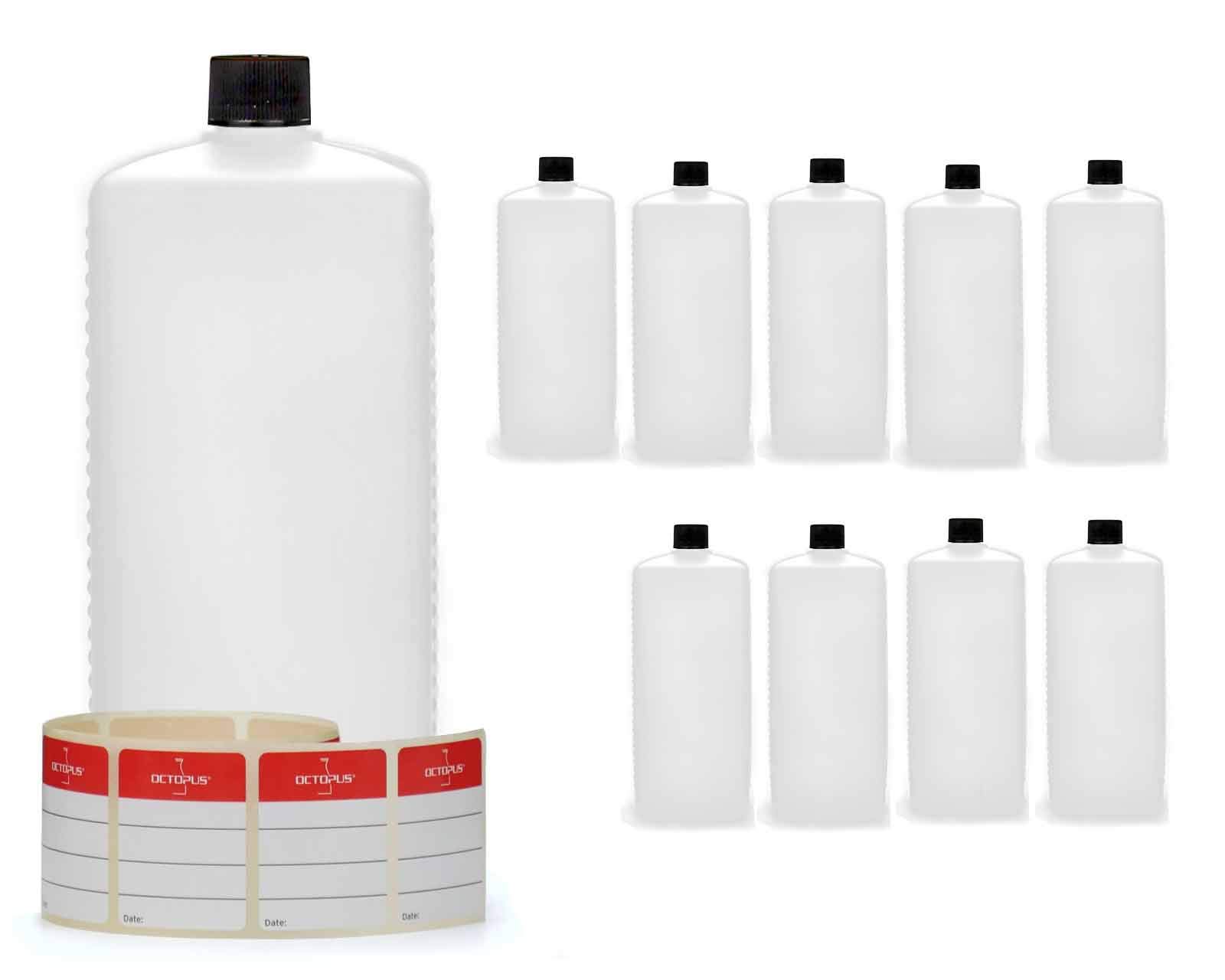 Octopus 10 x 1000ml HDPE Plastic Bottles with Black Screw Caps – Heavy Duty Square Storage Containers with 10 Adhesive Labels – BPA-Free Food Grade Empty Bottles for Kitchen, Workshop & Lab