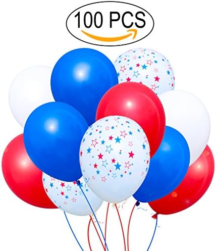Kubic Patriotic Decorations Latex Balloons - 4th of July Decorations U.S.A Independence Day - (100 pieces) Party Props Supplies Colors Red, Blue, White, and Star. Fourth of july decorations