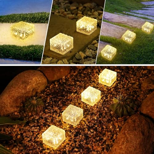 Solar Brick Lights - 6 PCS LED Warm White Outdoor Waterproof Solar Landscape Path Lights, 600mAh, Ice Cube Style for Garden, Patio, Lawn, Yard, Walkway Decor