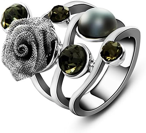Women’s Vintage Pearl Crystal Flower Rings Retro Big Statement Cocktail Party Rings for Women (black pearl, 7)