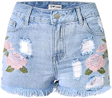 Women's High Waist Floral Embroided Denim Shorts Light Blue US 6 / EU 40