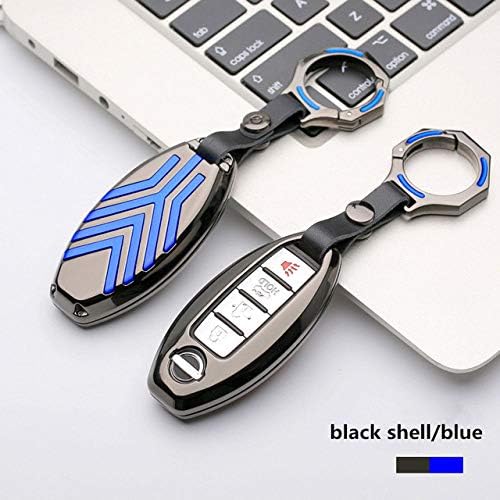 SLIODK Car Key Cover Car Key Case Color Stripe Zinc Alloy Remote Fob Shell Cover Keychain Auto Accessories for Nissan Altima GT-R 370Z Leaf Infiniti,A black blue