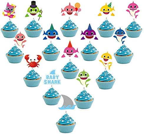 60pieces Shark Cupcake Toppers Shark Theme Party Supplies- Shark Family Baby Shower Birthday Party Decorations