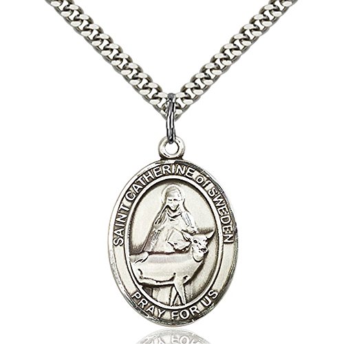 Sterling Silver St. Catherine of Sweden Pendant 1 x 3/4 inches with Heavy Curb Chain