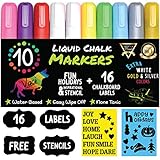 Chalk Markers by Vaci, Pack of 10 + Drawing Stencils + 16 Labels, Premium Liquid Chalkboard Neon Pens, Including Gold, Silver and Extra White Ink, Bullet or Chisel Reversible Tips