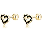 Reffeer Solid 925 Sterling Silver Black Heart Studs Earrings for Women Teens Small Love Heart Earrings Studs Helix Open Heart Earrings Cartilage Tragus Screwback Studs