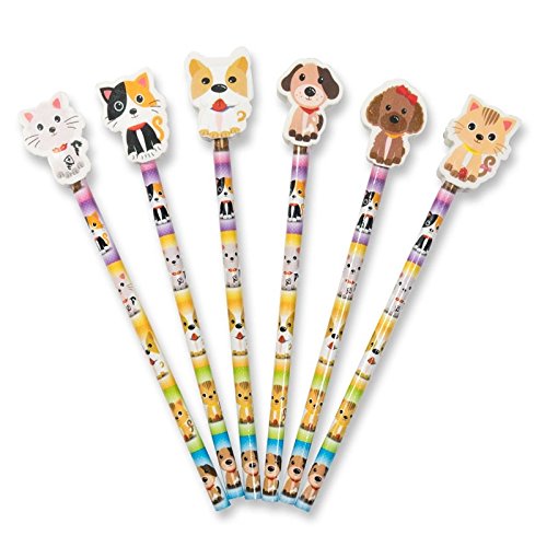 Classroom Capers 12 x Cute Pets (Kittens/Puppies) Pencils With Large Shaped Eraser Topper. Ideal Party Bag Filler, End of Term Gift, Student Gift or Stocking Filler