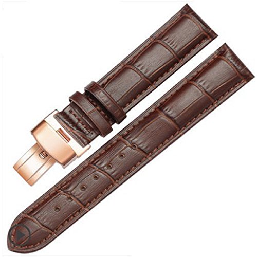 12-17mm Genuine Leather Ladies Womens Rose Gold Buckle Wrist Watch Bands Strap (14mm, Brown & Brown Line)